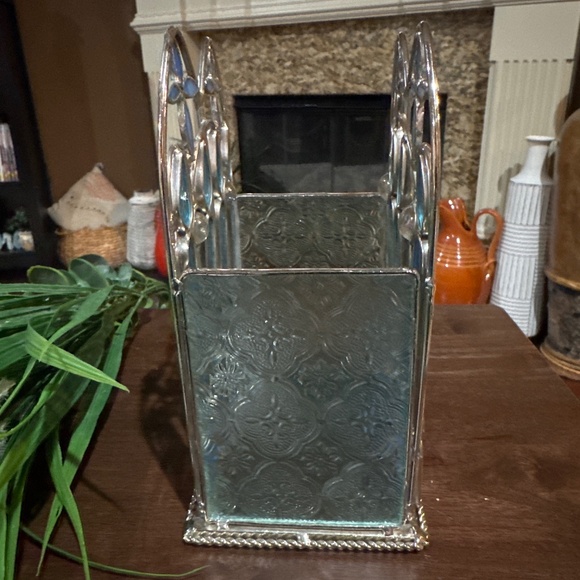 Handmade Artisan Cut-Stained Glass Art Noveau Candle Holder w/blue glass Crosses - Picture 4 of 8